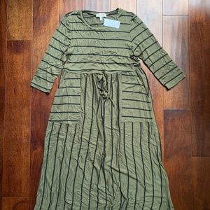striped, olive maxi dress with waist tie (S)